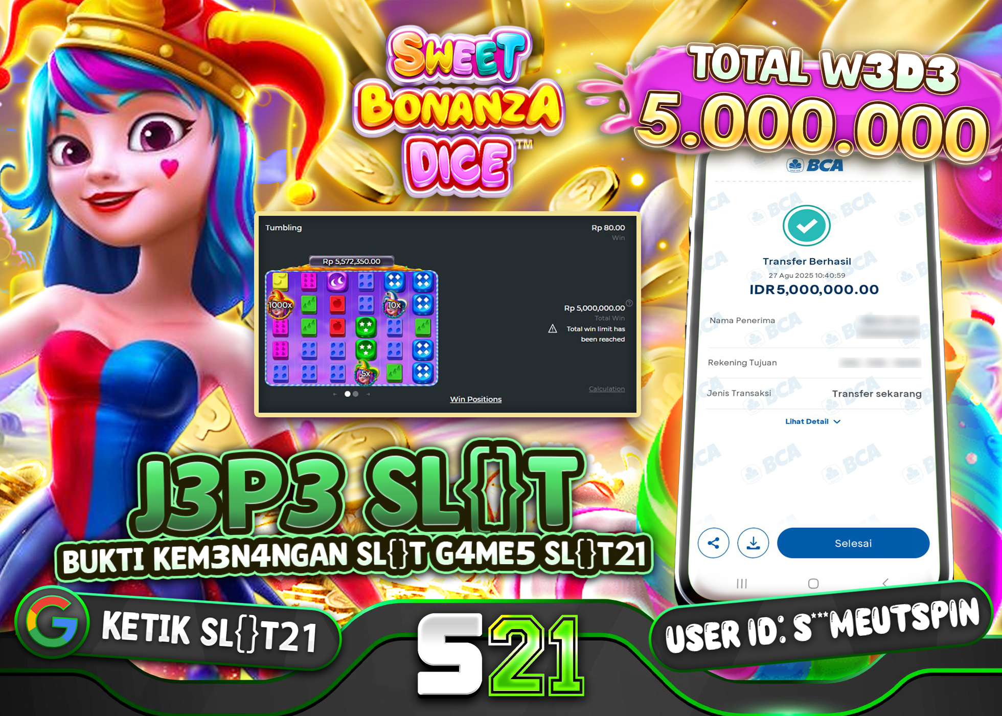 S***MEUTSPIN JACKPOT SLOT SWEET BONANZA DICE Rp.5.000.000 - LUNAS